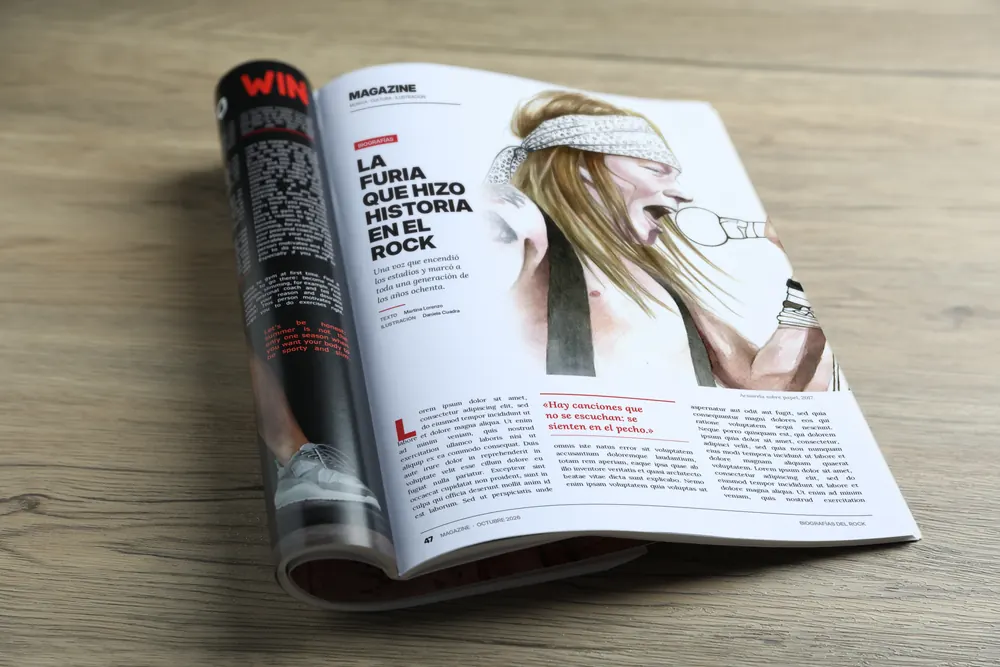 Magazine feature with a watercolor portrait of Axl Rose
