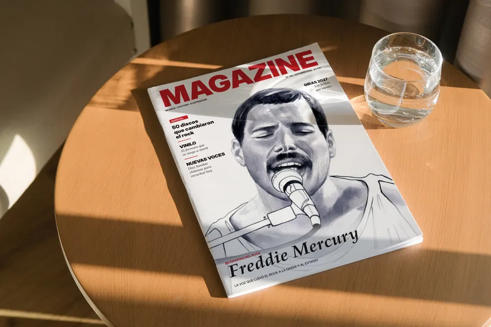 Magazine cover with a watercolor portrait of Freddie Mercury